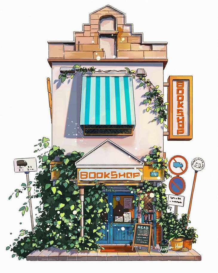 Japanese Storefront Illustrations, bookshop