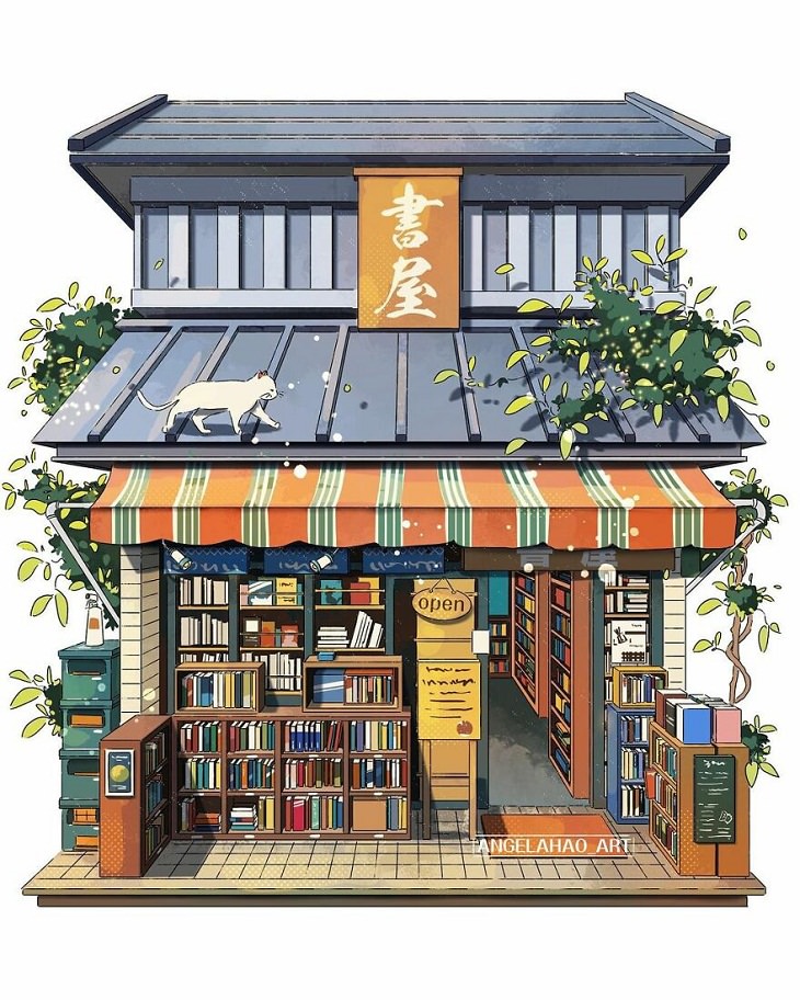 Japanese Storefront Illustrations, bookstore