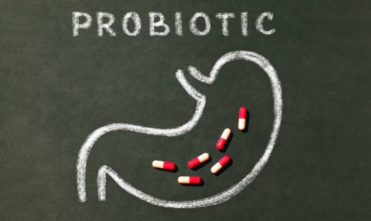 probiotic and stomach illustration drawn on blackboard, pills inside stomach