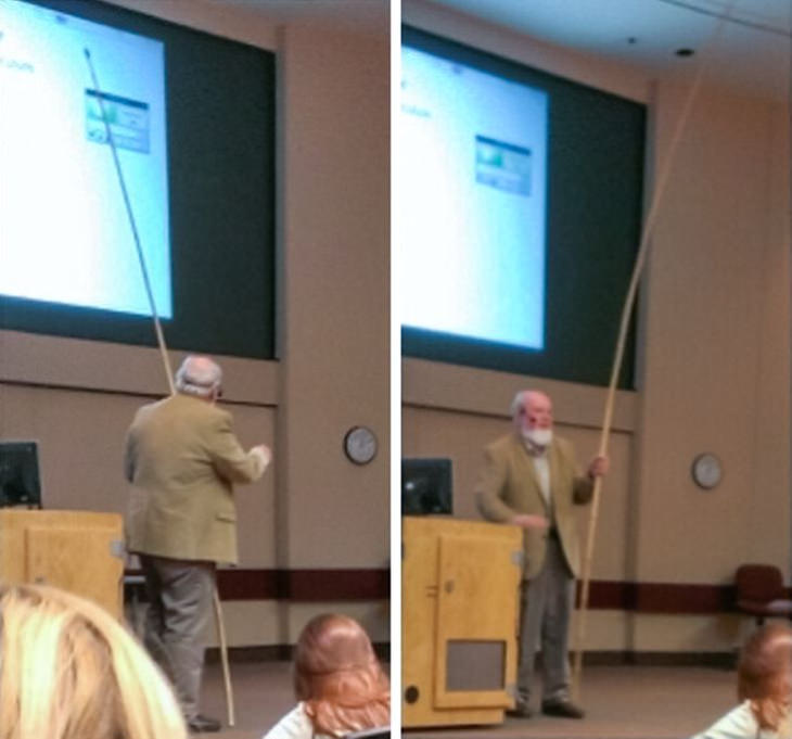Funny solutions professor with long stick 