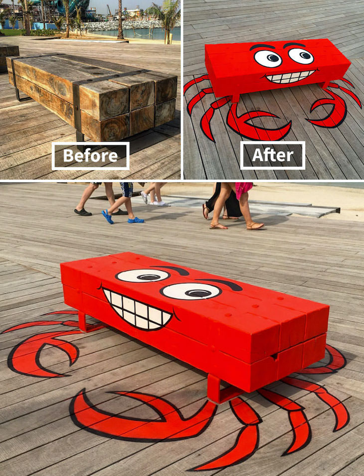 16 Clever and Funny Street Art Pieces by Tom Bob A friendly crab (Dubai)