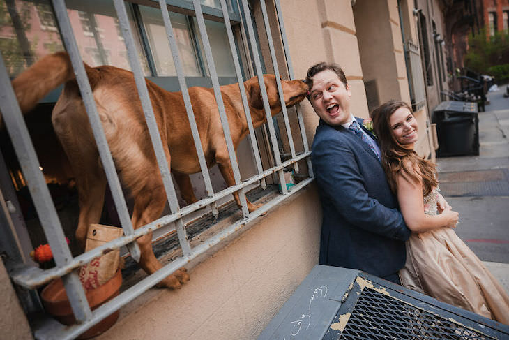 Cutest Contest: Best Dog In a Wedding Photo 2021, The perfect surprise makes the moment in this well-composed engagement photo
