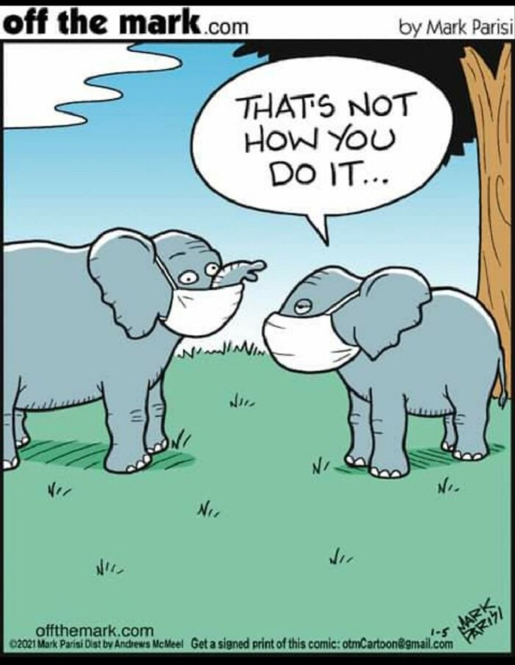Mark Parisi comic strips, elephants mask