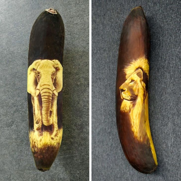Incredible Banana Art by Anna Chojnicka, lion and elephant