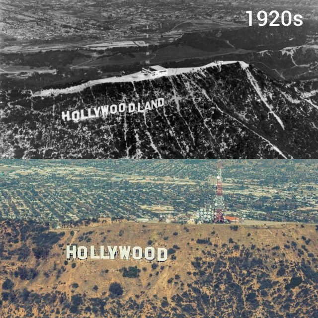 historical photo comparisons the Hollywood sign
