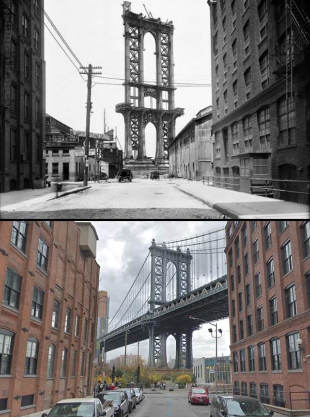 historical photo comparisons Unfinished Manhattan Bridge