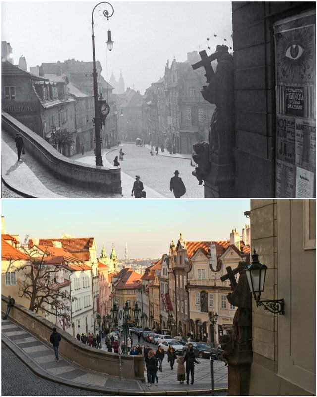 historical photo comparisons Prague in 1910 and 2020
