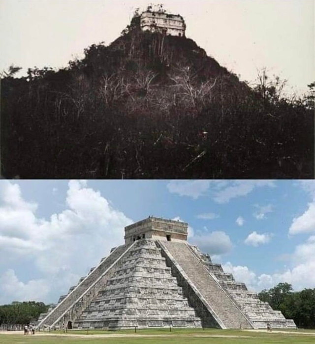 historical photo comparisons Chichen Itza 1892 and 2020