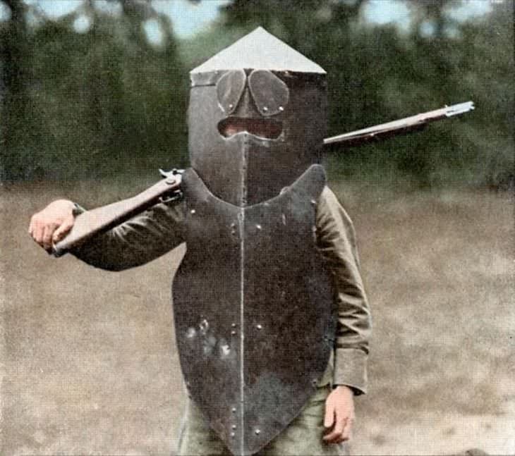 Rare and Beautifully Colorized Historical Photo US soldier wearing a Brewster Body Shield, 1917