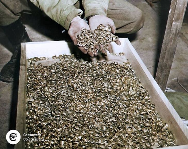 Rare and Beautifully Colorized Historical Photo A few of the thousands of wedding rings the Nazis removed from their victims to salvage the gold