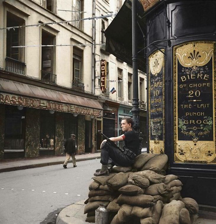 Rare and Beautifully Colorized Historical Photo A French Resistance member during the Liberation of Paris, 23th August 1944