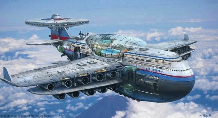 Future Predictions 1970s futuristic concept of a jetliner,