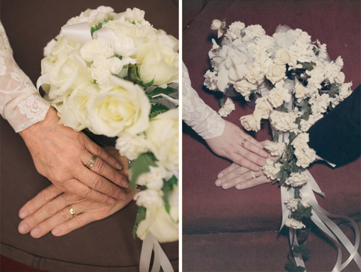wedding photo recreation flowers and rings