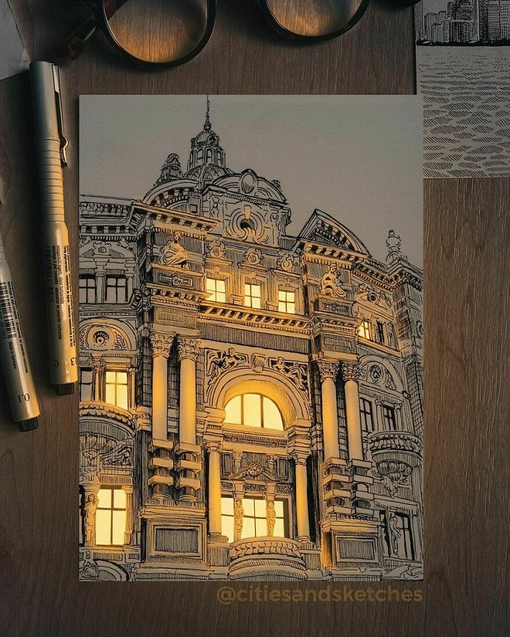 ink drawings of buildings