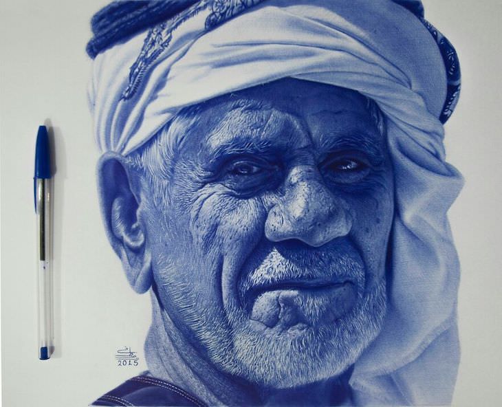 Hyperrealistic ballpoint pen drawings by Mostafa Khodeir old man