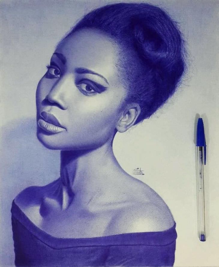 Hyperrealistic ballpoint pen drawings by Mostafa Khodeir woman