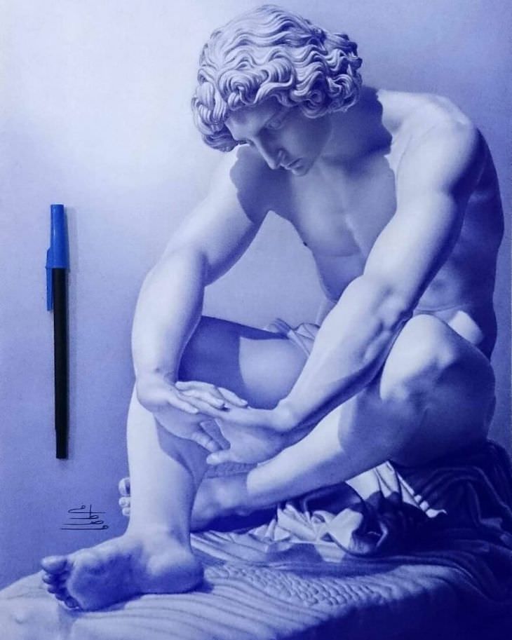 Hyperrealistic ballpoint pen drawings by Mostafa Khodeir, sculpture