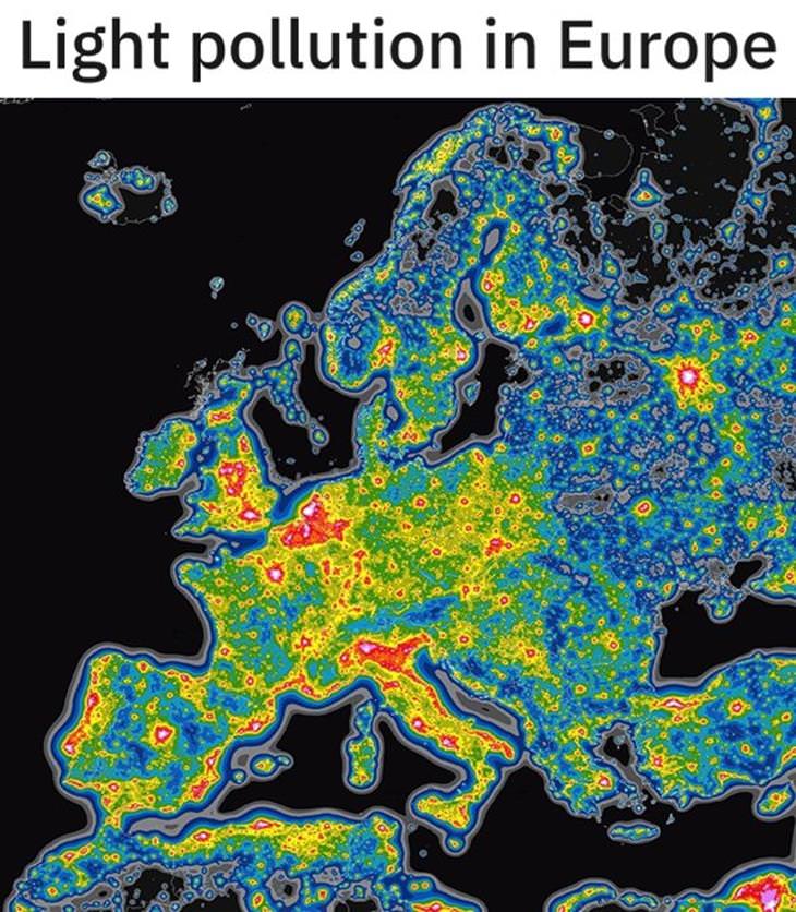charts light pollution in europe