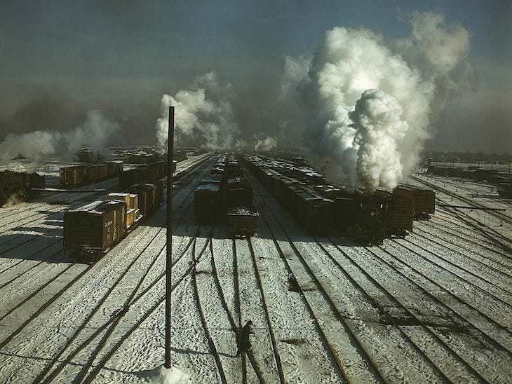 Historic Photos Depicting 1940s US in Vivid Color yards of the Chicago and Northwestern Railroad