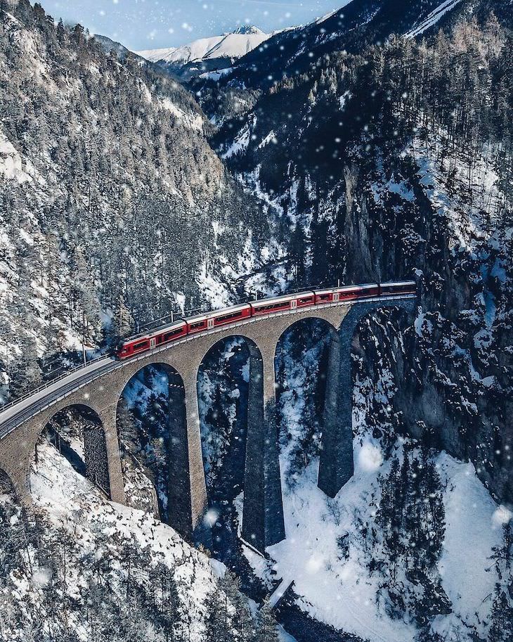 25 Aerial Shots of the World's Beautiful Landmarks  The Landwasser Viaduct In Filisur, Switzerland