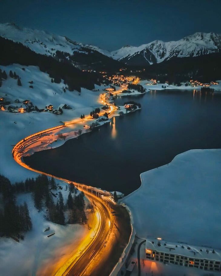 25 Aerial Shots of the World's Beautiful Landmarks Lake Davos At Night In Switzerland