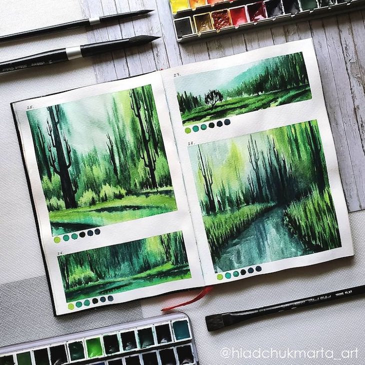Watercolor Studies of Landscapes, forest, nature