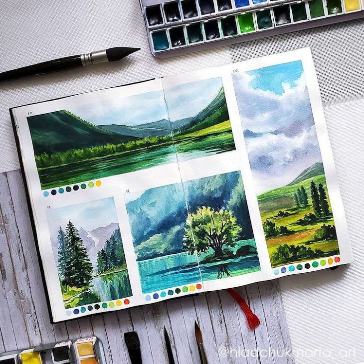 Watercolor Studies of Landscapes, river, trees