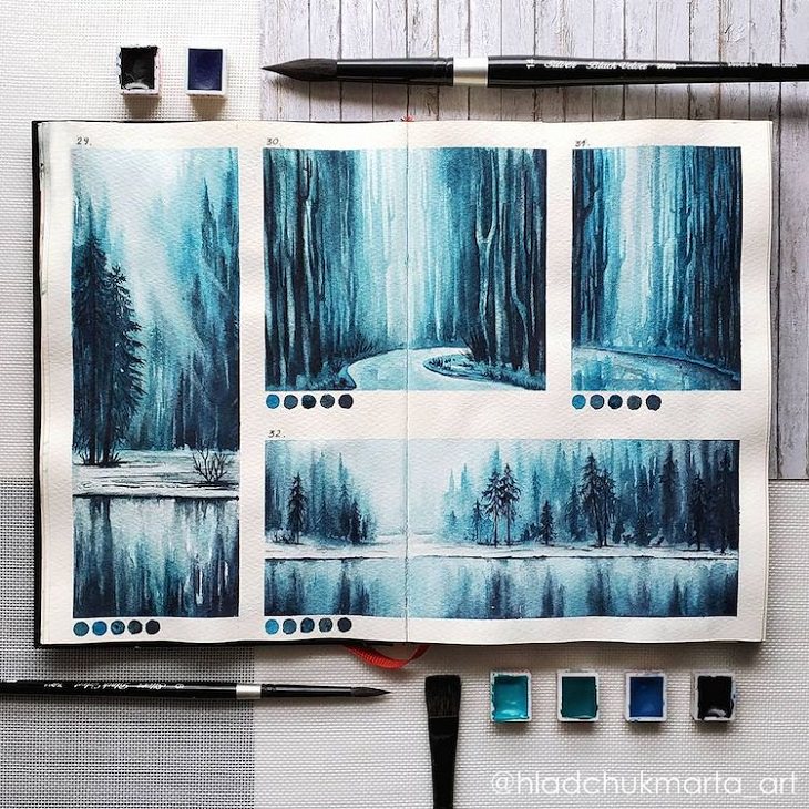 Watercolor Studies of Landscapes, frozen lake