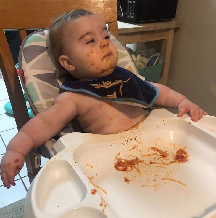 Funny Photos Capturing the Essence of Parenthood nap after spaghetti 