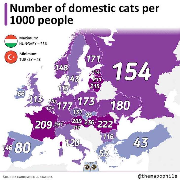 Fun Informative Maps On A Variety of Topics domestic cats per 1000 people