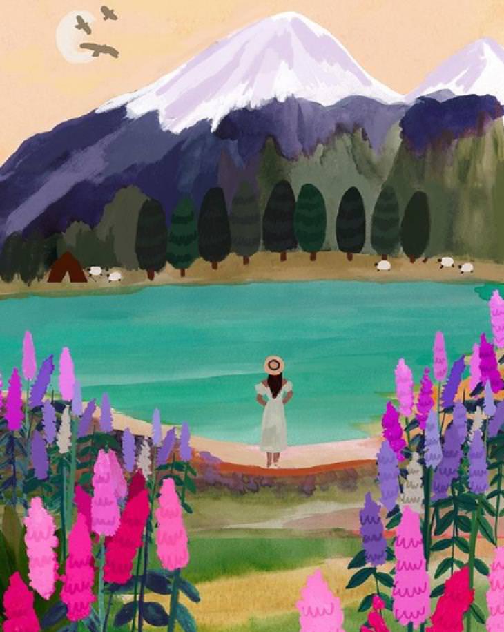 Colorful Travel Illustrations, lake