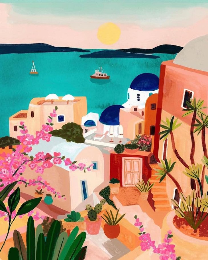 Colorful Travel Illustrations, town, lake
