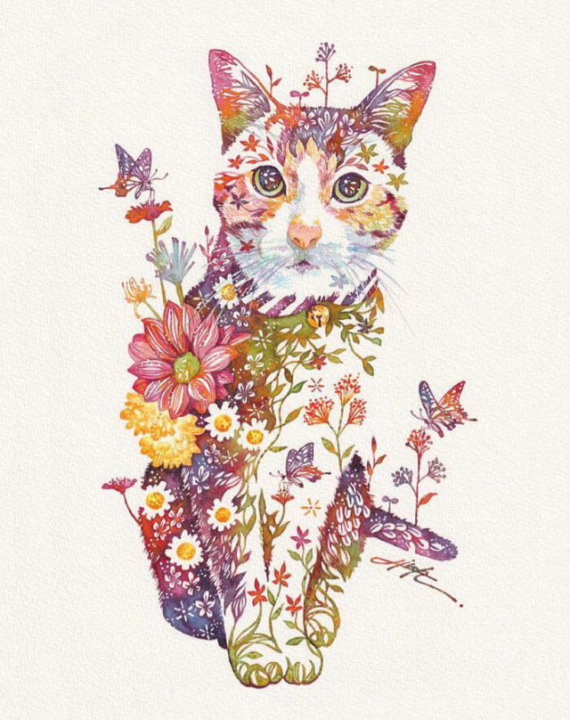 Watercolors by Hiroki Takeda cat with a bell