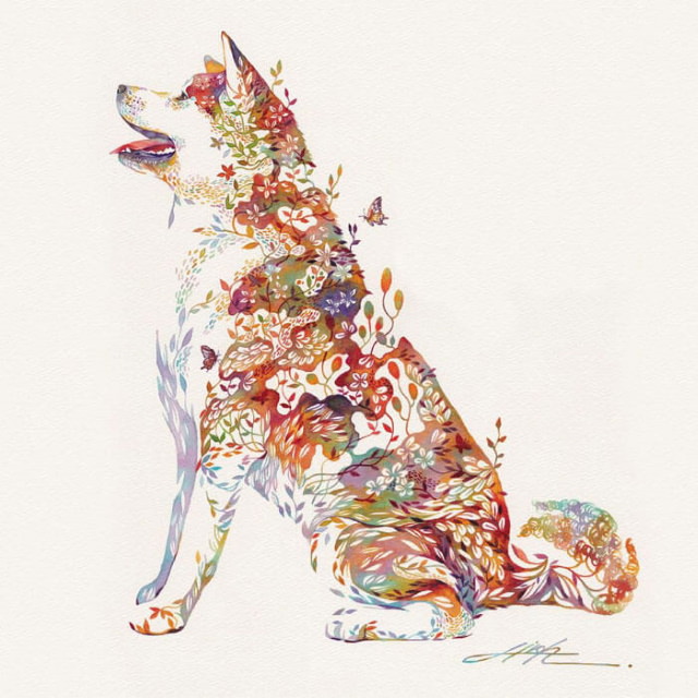 Watercolors by Hiroki Takeda dog looking to the side