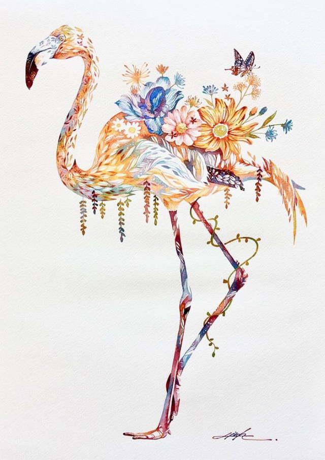 Watercolors by Hiroki Takeda flamingo