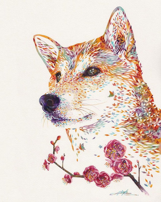 Watercolors by Hiroki Takeda dog and cherry blossom