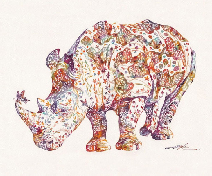 Watercolors by Hiroki Takeda rhino