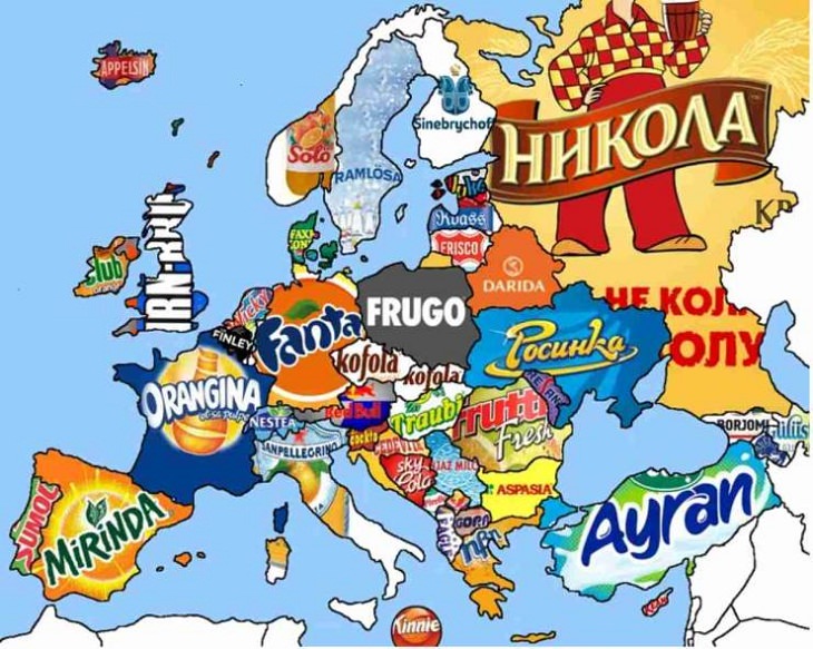 Unusual and Fun Maps,  soft drinks consumed in different parts of Europe