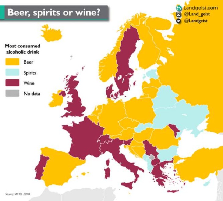 Unusual and Fun Maps, alcoholic drink in Europe