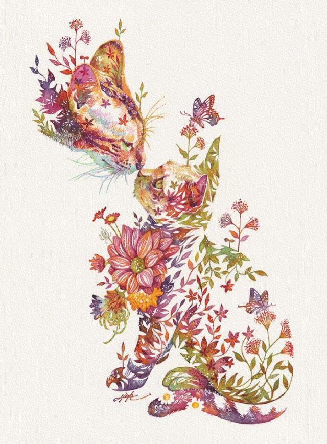 Watercolors by Hiroki Takeda cat and kitten
