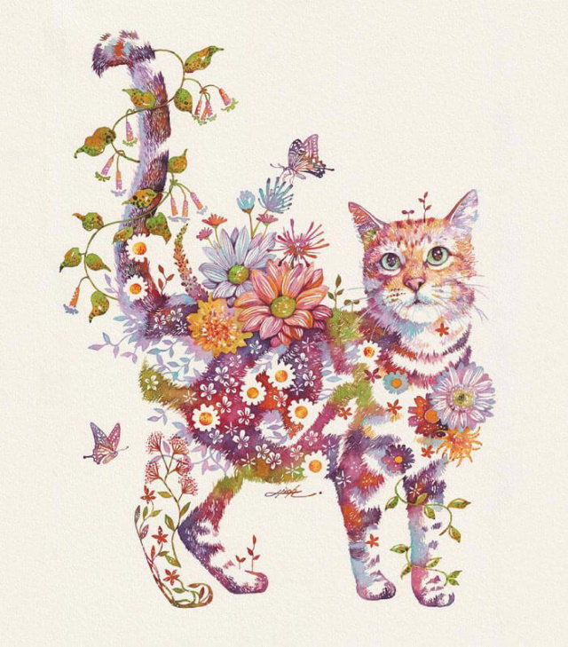 Watercolors by Hiroki Takeda cat and butterflies
