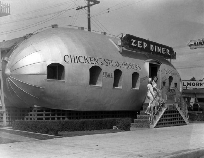 Entrance to a zeppelin shaped diner, 1930
