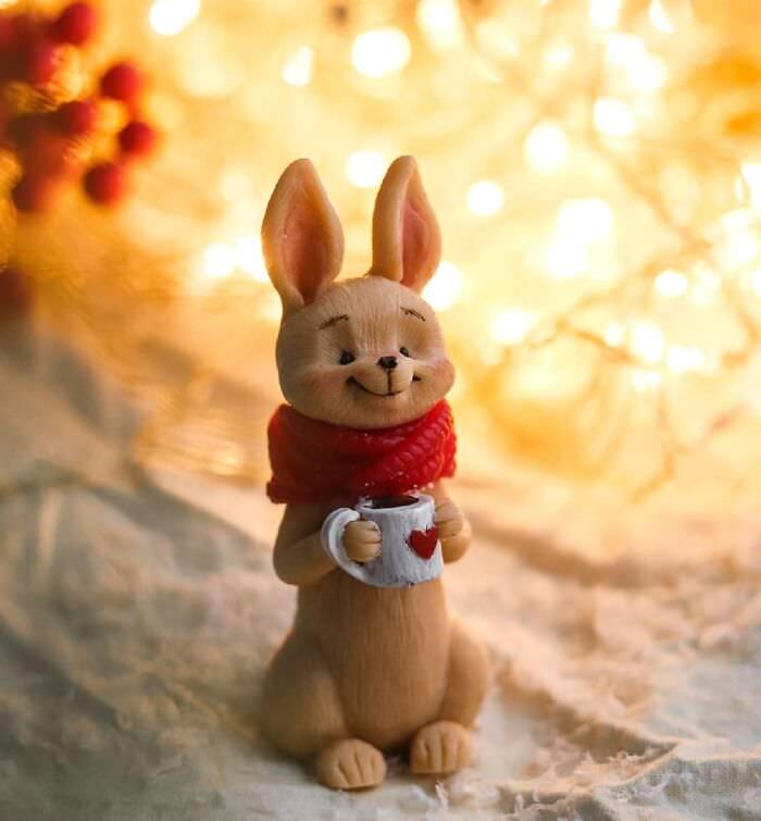 bunny with scarf and mug soap sculpture