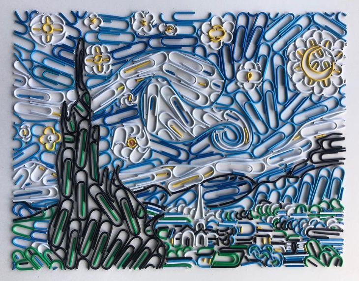 Adam Hillman The Starry Night by Van Gogh arranged from paperclips