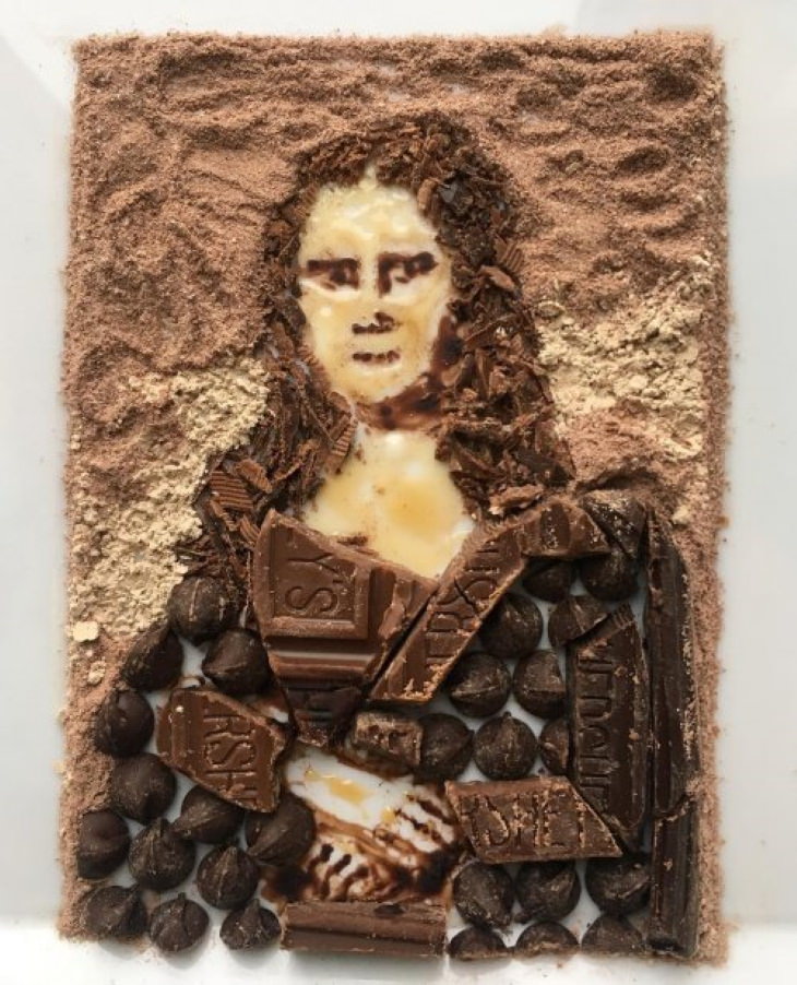 Adam Hillman The Mona Lisa by Da Vinci arranged using an assortment of chocolate and cocoa powder