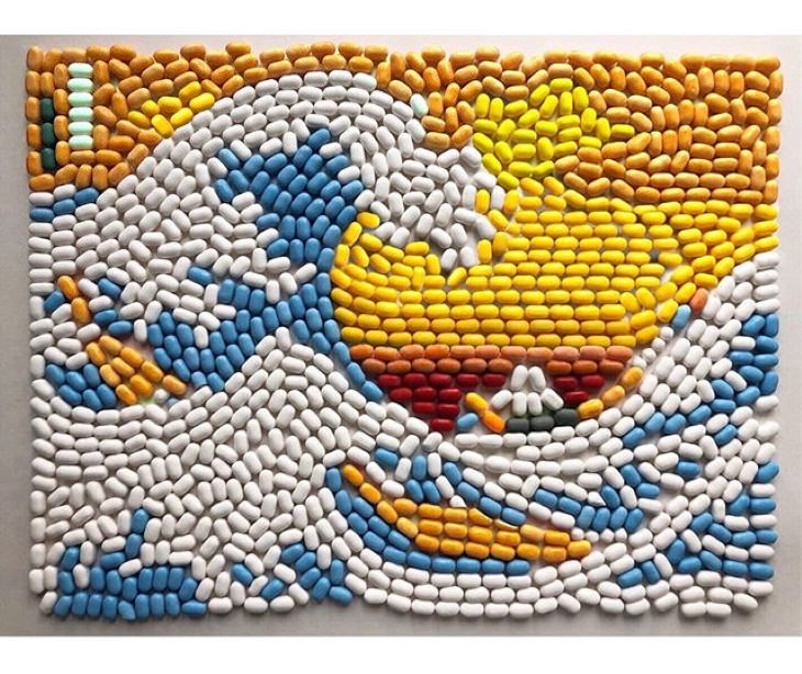 Adam Hillman The Great Wave by Hokusai arranged in Tic Tacs