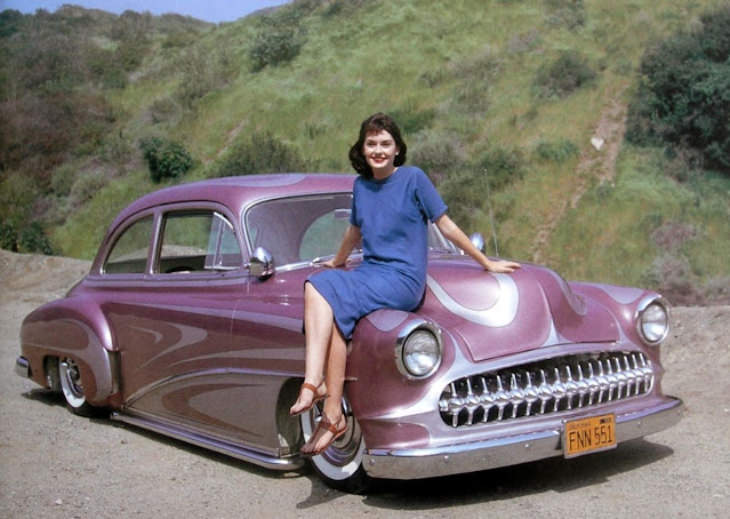 Custom Cars Painted By Larry Watson In The 1950s girl sitting on hood