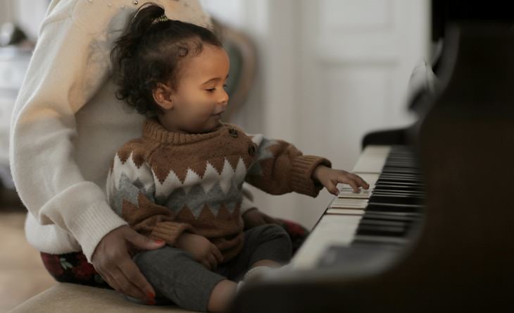 Mozart Facts baby and parent sitting at a piano 