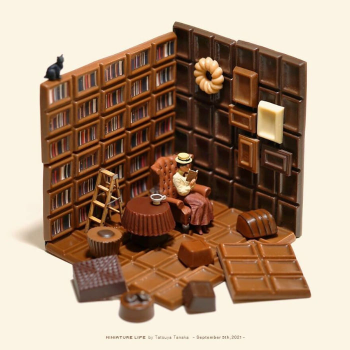Miniature art by Tatsuya Tanaka woman in chocolate library
