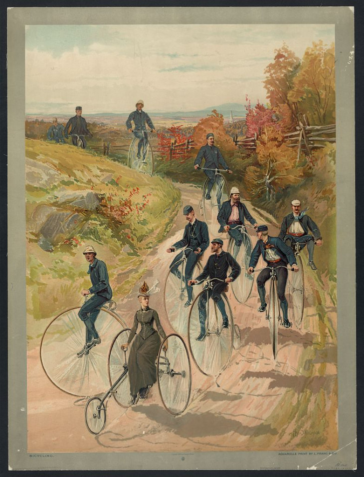 1880-1900s Bike photos Aquarelle print of cyclists, 1887